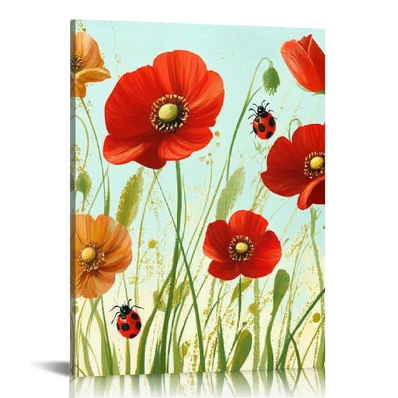 Patifu Flowers and Ladybugs Canvas Prints Wall Art for Living Room, Bedroom, Home Office - High-Resolution, Waterproof, Tear-Resistant Decor 12x16 in