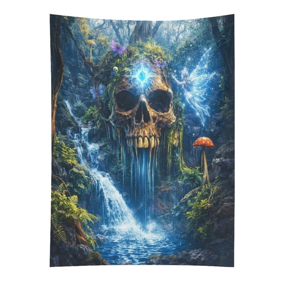Patifu Forest Skull Waterfall And Fairy Tapestry in Green Fields, Polyester Printed Wall Hanging, Suitable for Bedroom, Dormitory and Living Room, Aesthetic Home Decoration,