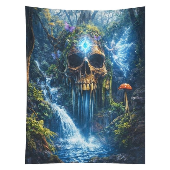 Patifu Forest Skull Waterfall And Fairy Tapestry in Green Fields, Polyester Printed Wall Hanging, Suitable for Bedroom, Dormitory and Living Room, Aesthetic Home Decoration,