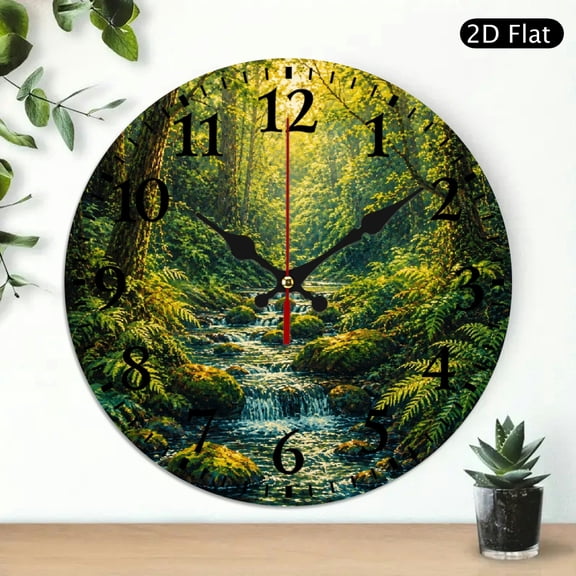 Patifu Forest Stream With Waterfalls Wall Clock Silent Battery Operated Wooden Decor 10x10in