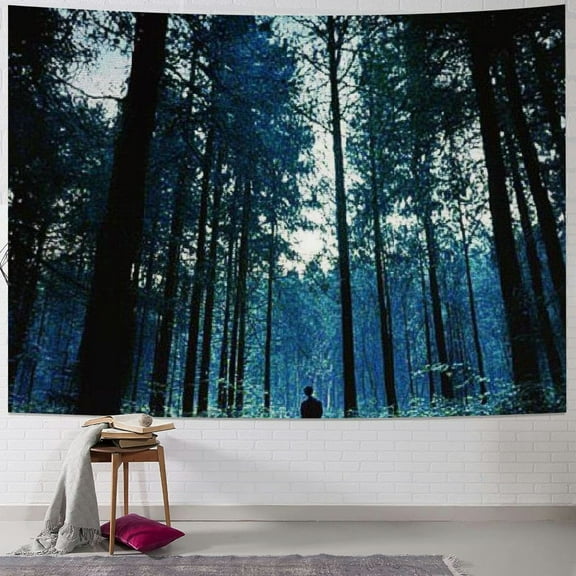 Patifu Forest Tapestry, Night Scene of Autumn Forest in Thuringia Germany Foggy Pine Trees Greenery, Wall Hanging for Bedroom Living Room Dorm Decor, 40x30inch