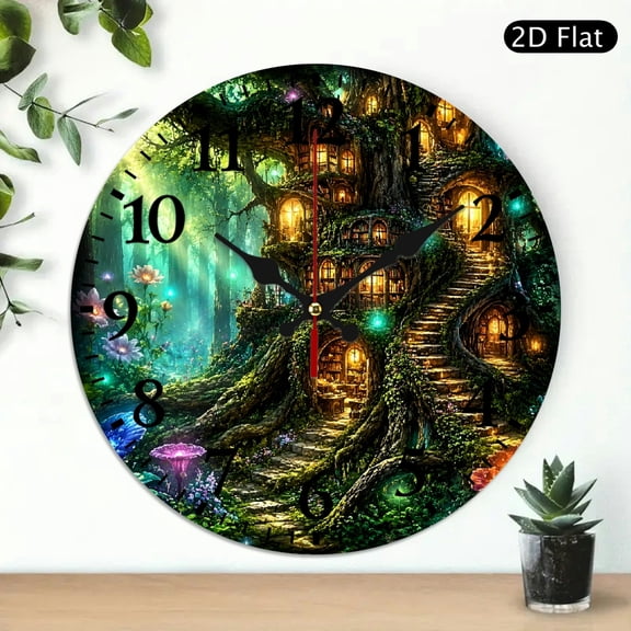 Patifu Forest Tree House Library Theme Round Wooden Wall Clock 10 Inch Silent Sweep Movement 10x10in
