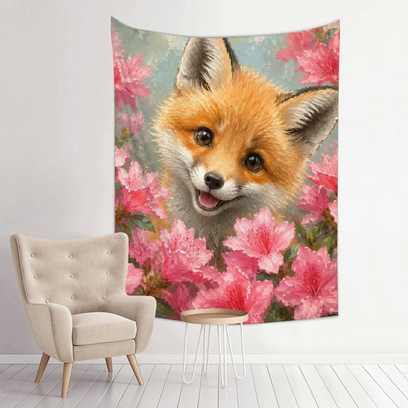 Patifu Fox Cub Among Pink Azaleas Vertical Polyester Wall Hanging Tapestry for Bedroom Living Room Dorm 30*40in