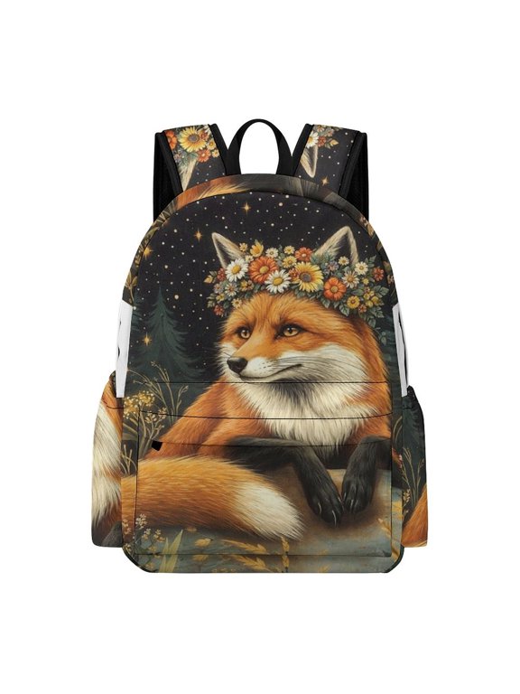 The Fox with A Flower Crown Printed Oxford Backpack, Large Capacity Laptop Backpack, Water Resistant, Travel Daypack for College Work Commuting Adults,