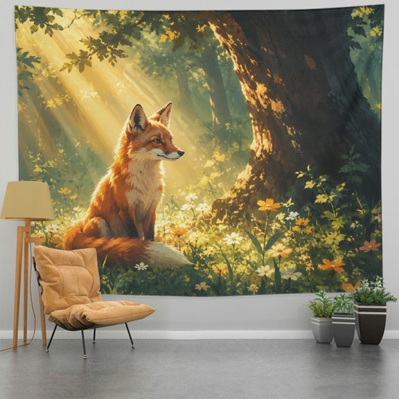Patifu Fox In Forest With Wildflowers Polyester Tapestry Wall Hanging for Bedroom Living Room Dorm Office Home Decor 60*50in
