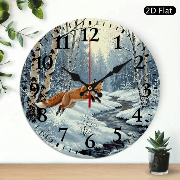 Patifu Fox Jumping Over Stream 10 Inch Round Wooden Wall Clock Silent Sweep Movement 10x10in