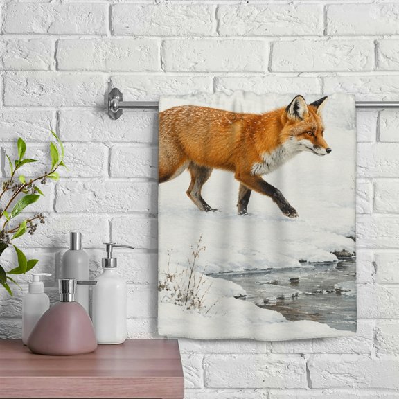 Patifu Fox Walking Across Snowy Stream Soft Polyester Hand Towel for Kitchens Bathrooms Showers 29.5x13.8 Inches 29.5x13.8in