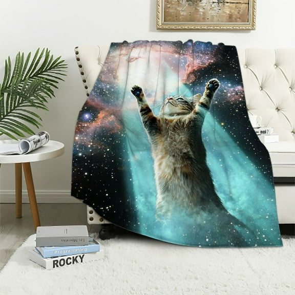 Patifu Funny Cat Blanket Cute Cat Lover Gifts Throw Blankets for Girls Boys Adult Women Men Kids Plush Cozy Flannel  Ultra Soft Fuzzy Nebula Galaxy Kitten Party Blanket  50x60in