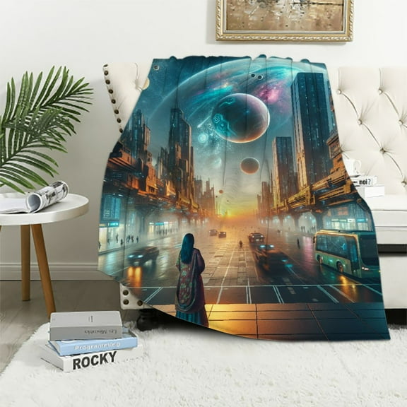 Patifu Futuristic Cityscape Celestial Bodies Warm Lightweight Fleece Blanket Soft Blanket for Living Rooms Sofa Decor All Seasons 40x50in