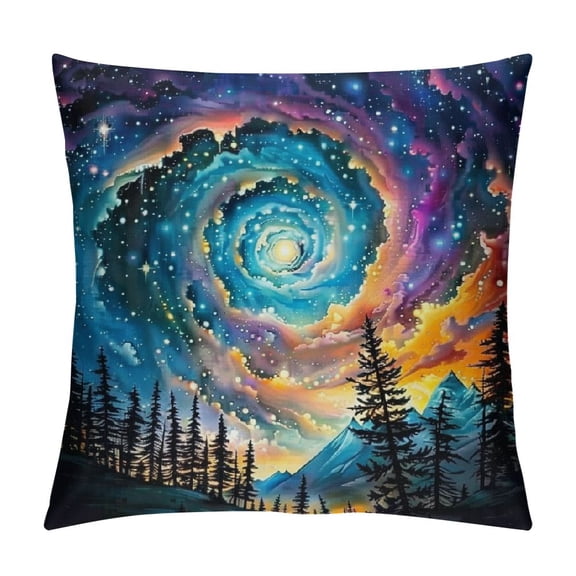 Patifu Galaxy Trees Mountains Decorative Throw Pillow Cover for Home Couch Living Room Bed Sofa, Short Plush Material, Invisible Zipper Design, Gift for Family and Friends 18x18in