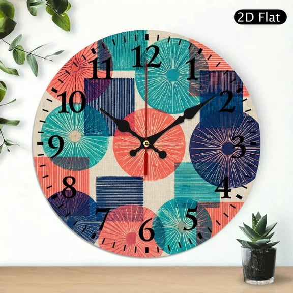 Patifu Geometric Circle Square Sunburst Pattern Round Wooden Wall Clock Silent Sweep Movement 10x10in