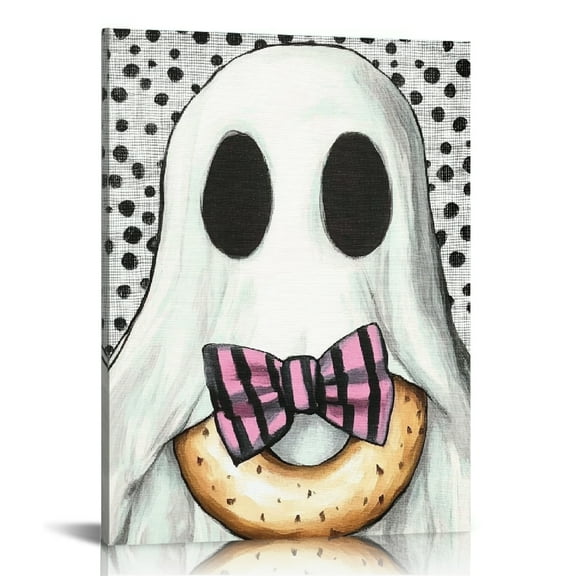 Patifu Ghost Donut Bow Tie Canvas Wall Art - Halloween Theme Wall Decor for Living Room, Bedroom, Home Office 16x20 in