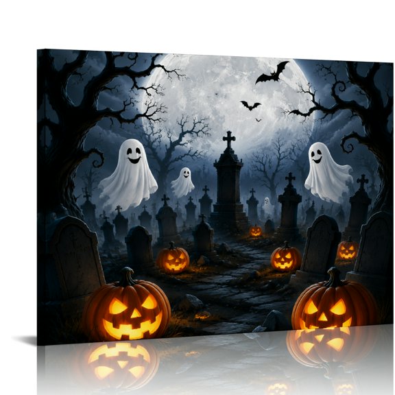 Patifu Ghost Graveyard Full Moon Scene Wall Art,  Ready An Excellent Gift Choice,  HD Print Framed Canvas Wall Art Suitable For Living Room Bedroom Kitchen Classroom Studio Family