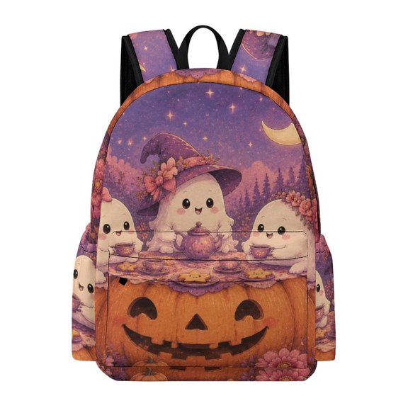 Patifu Ghost Tea Party Halloween Printed Oxford Backpack, Large Capacity Laptop Backpack, Water Resistant, Travel Daypack for College Work Commuting Adults,