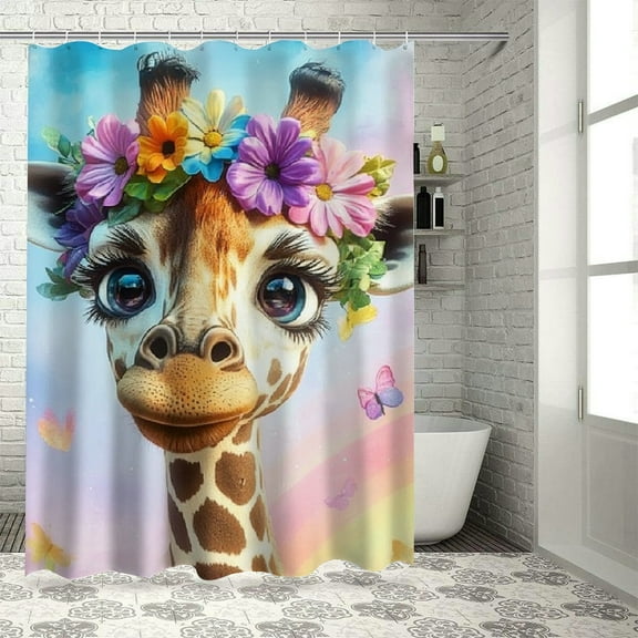 Patifu Giraffe Flower Crown Rainbow Chic Modern Bathroom Decor Shower Curtain with Hooks 100% Polyester Fabric 36"x72