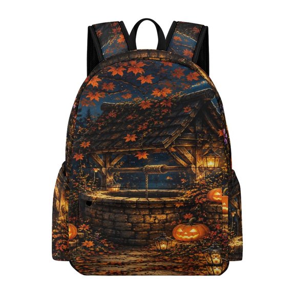Patifu Glass House Pumpkin Ghost Full Moon Art Printed Oxford Backpack, Large Capacity Laptop Backpack, Water Resistant, Travel Daypack for College Work Commuting Adults,