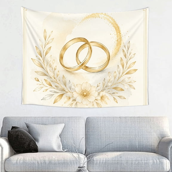 Patifu Gold Wedding Rings Floral Watercolor Polyester Tapestry Wall Hanging for Bedroom Living Room Dorm Decor 40*30in