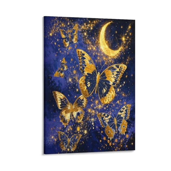 Patifu Golden Butterflies Under The Crescent Moon Wall Art, High-definition Printed Frameless Canvas Wall Art, Suitable for Hanging in Bedrooms, Dormitories, and Living Rooms,