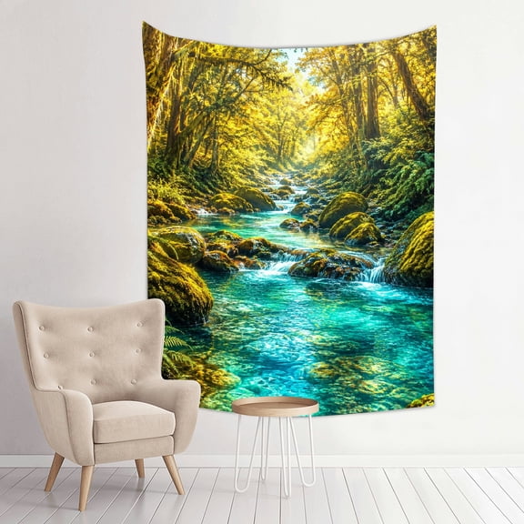 Patifu Golden Forest Stream With Mossy Rocks Vertical Polyester Wall Hanging Tapestry for Bedroom Living Room Dorm 30*40in