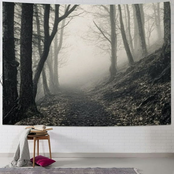 Patifu Gothic Tapestry King Size, Pathway on The Gothic Forest Trees Trough Foggy Mysterious Nature Monochrome Artwork, Wall Hanging Cover Wall Decor 40x30inch