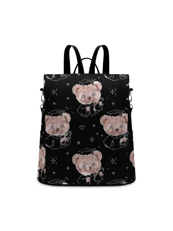 Graduate Bear With Glasses Black Background Seamless Pattern Star Heart Doodle Anti Theft Backpack, Purse for Women, Secure Back Zipper, Multi-Purpose Rucksack Backpack With Adjustable Strap,