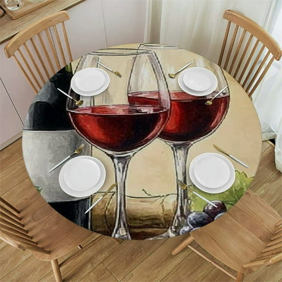 Patifu Grapes Wine Glasses Bottle Round Tablecloth Stain-Resistant Indoor Outdoor Ideal for Restaurants Weddings Parties Picnic Dining Kitchen Farmhouse Outdoor Fitted 46"-50