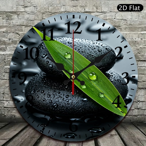 Patifu Green Leaf On Black Spa Stones 10 Inch Round Wooden Wall Clock Silent Sweep Movement 12x12in