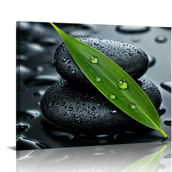 Patifu Green Leaf On Black Spa Stones Canvas Wall Art Framed HD Print Ready To Hang Home Decor 20x16in