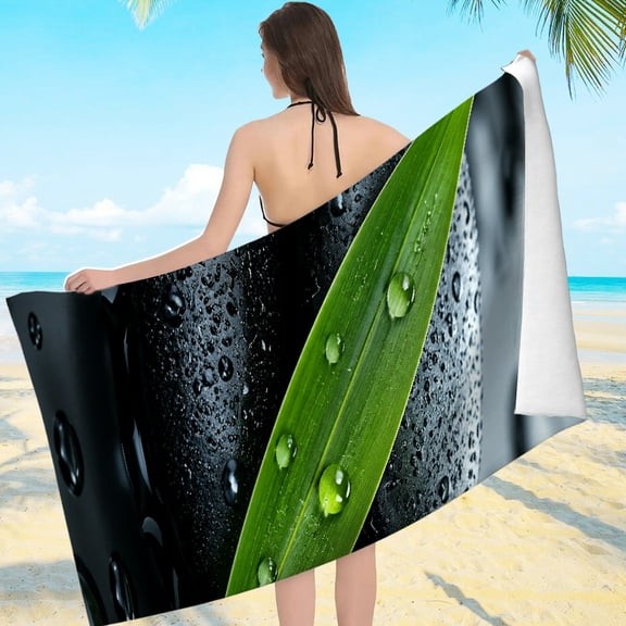 Patifu Green Leaf On Black Spa Stones Microfiber Beach Towel Ultra-Soft Quick Dry Large Size 80*160cm