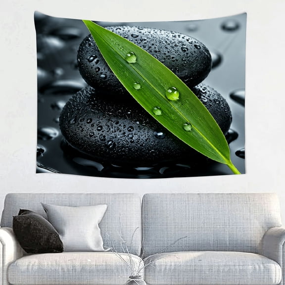 Patifu Green Leaf On Black Spa Stones Polyester Tapestry Wall Hanging for Bedroom Living Room Dorm 40*30in