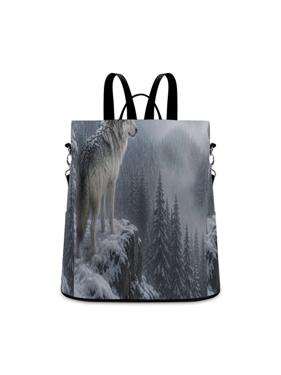 Grey Wolf On Snow Cliff Forest Anti Theft Backpack, Purse for Women, Secure Back Zipper, Multi-Purpose Rucksack Backpack With Adjustable Strap, Womens Travel Backpack, Lightweight Casual Daypa