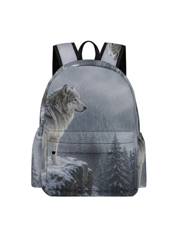Grey Wolf On Snow Cliff Forest Printed Oxford Backpack, Large Capacity Laptop Backpack, Water Resistant, Travel Daypack for College Work Commuting Adults, 42x30x15cm