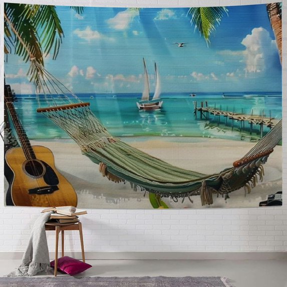 Patifu Guitar on Beach Tapestry Wall Hanging Unique Style Graphic Art for Living Room Bedroom Farmhouse Dorm Decor Home Decor Plush 60x50inch