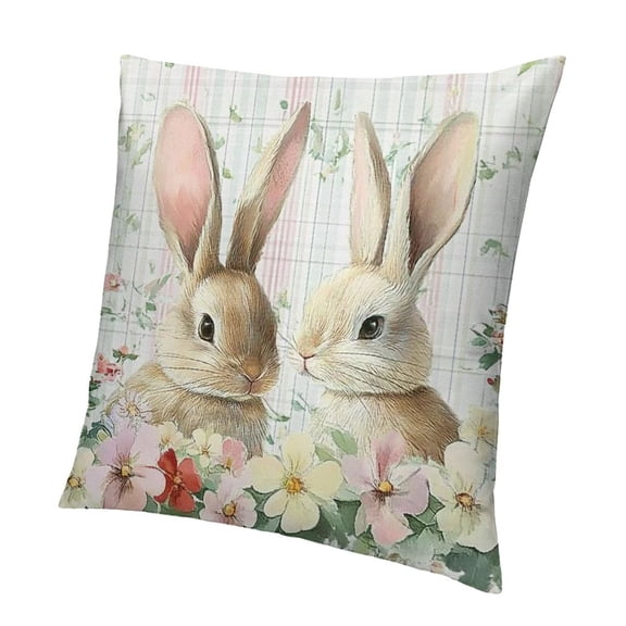 Patifu Happy Easter Pillow Covers  Easter Bunny Ears with Flowers Eggs Spring Farmhouse Throw Pillow Covers Decorative Buffalo Plaid Cute Rabbit Cushion Case for Home Decor 12x12in