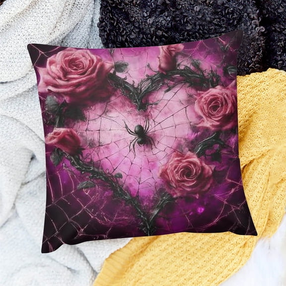 Patifu Heart Roses Spider Web Linen Throw Pillow Cover for Home Sofa Couch 100 Percent 18x18in