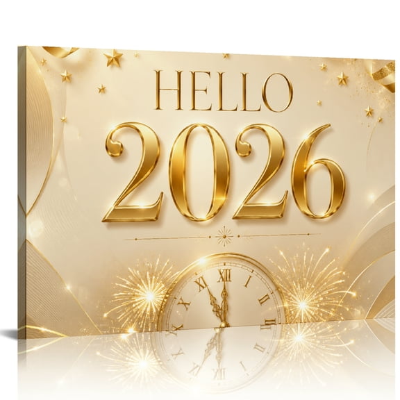 Patifu Hello 2026 Gold Clock Fireworks Modern Canvas Prints Wall Decor for Living Room Bedroom 24x16in