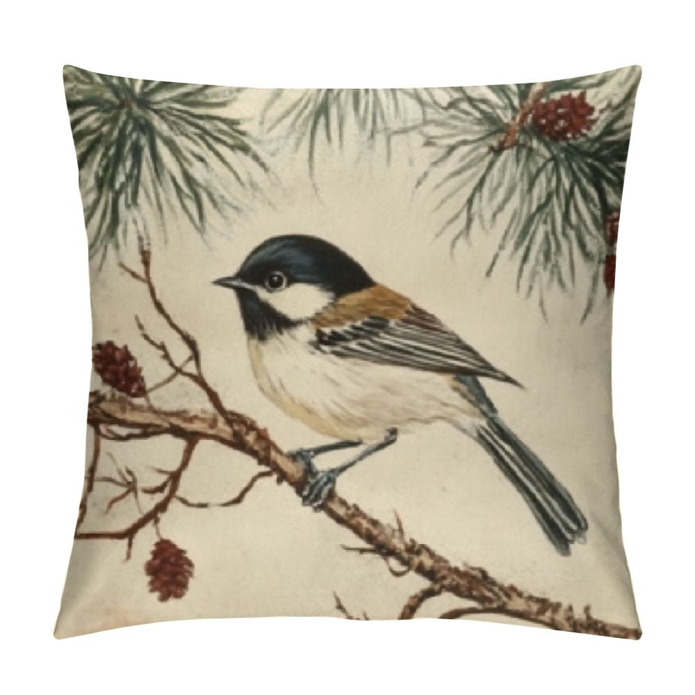 Patifu Hello Winter Green Decorative Throw Pillow Covers Chickadee Pine ...