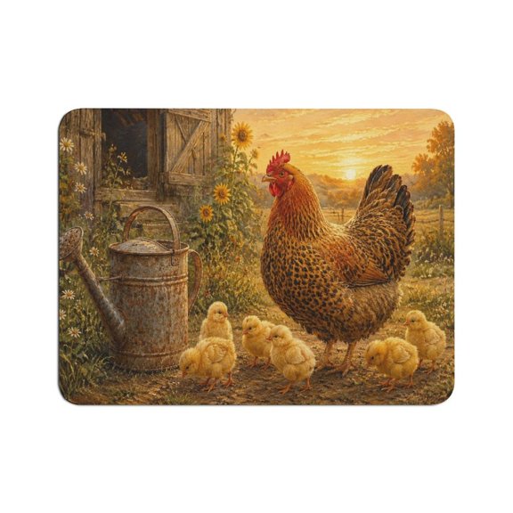 Patifu Hen And Chicks Farm Barn Sunset Scene Mouse Pad, Square Smooth Surface Desk Mat, Stitched Edge for Office, Laptop, Computer, Home,