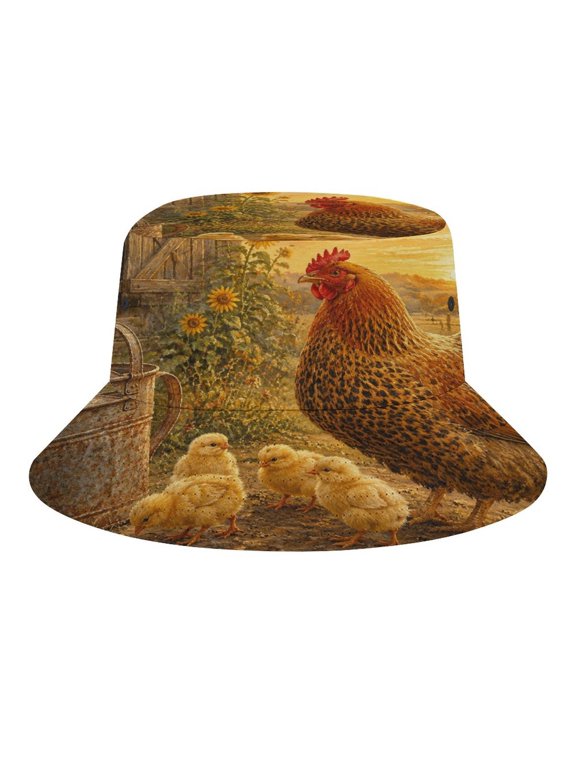 Hen And Chicks Farm Barn Sunset Scene Bucket Hat, Soft, Printed, Packable Fisherman Sun Hat for Beach Travel Hiking Vacation, Sun Hat for Women Men, One Size