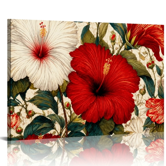 Patifu Hibiscus Flowers Pattern Canvas Print Ready to Hang Wall Art for Living Room Bedroom 24x16in