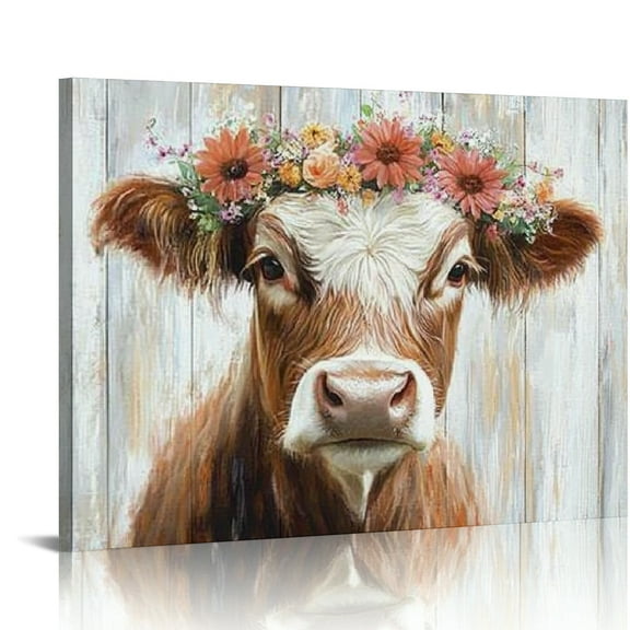 Patifu Highland Cow Canvas Farmhouse Decor: Funny Cow Wall Art with Flowers Staring at You Rustic Farm  Planks Unique Cattle for Bathroom  20x16in