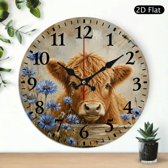 Patifu Highland Cow Round Wooden Wall Clock Silent Sweep Movement Battery Operated 10x10in