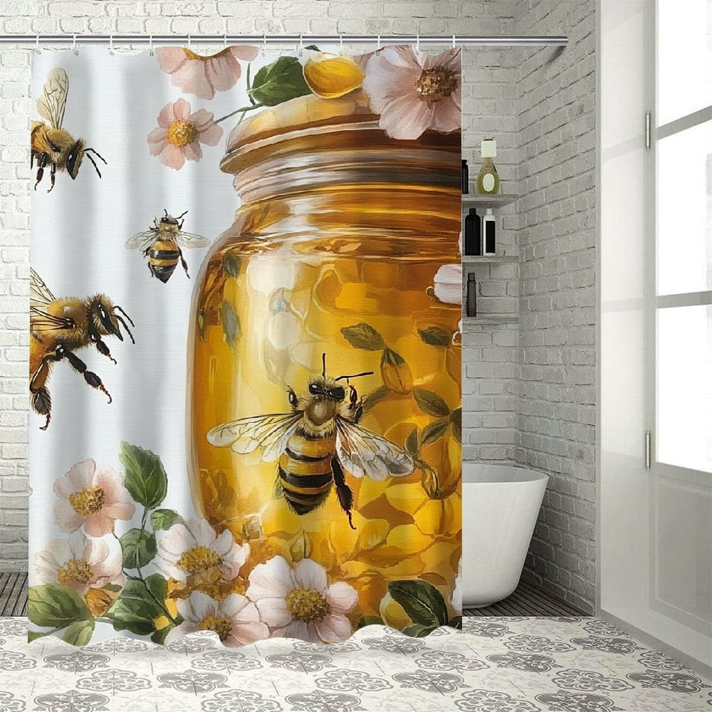 Patifu Honey Bees Flowers Bathroom Shower Curtain Set with Hooks 60"x72