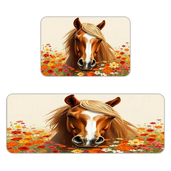 Patifu Horse in The Flower Field Kitchen Mats for Floor, Sets of 2, Soft Washable, Clear Print, Non Skid Waterproof Kitchen Rug for Sink Floor Sink Laundry Bar Office Room Home Cooks
