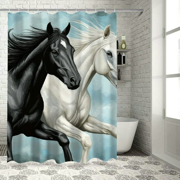 Patifu Horses Black White Bathroom Shower Curtain Set 100% Polyester with Hooks 36"x72
