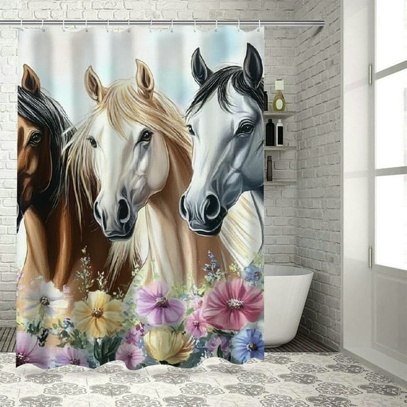 Patifu Horses Flowers Digital Painting Shower Curtain Set 100% Polyester Bathroom Shower Curtain with Hooks 69"x72