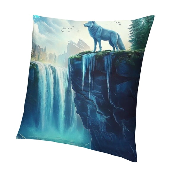 Patifu Howling Wolf Throw Pillow Cover,Moonlight Aurora Pillow Cover for Bedroom Living Room,Green Aurora Woodland Decorative Pillow Cover,Natural Stone Stream Cushion Case 18x18in