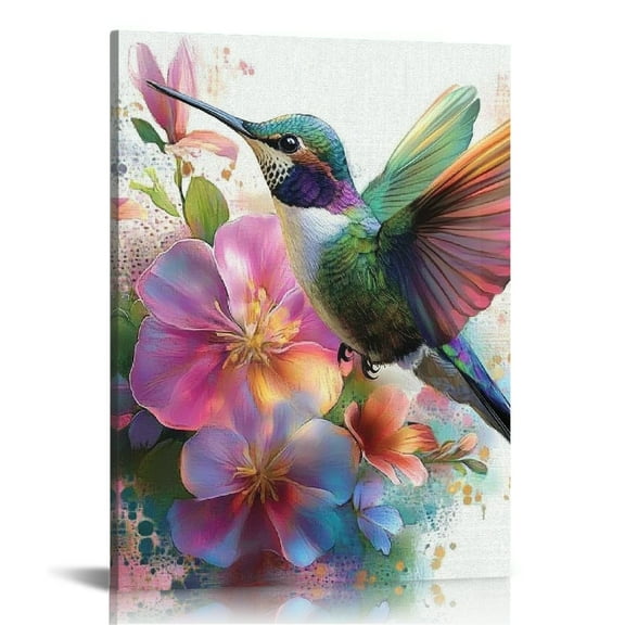 Patifu Hummingbird Flowers Digital Art Print On Canvas Wall Decor for Living Room Bedroom Home Office 12x16 in