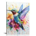 thumbnail image 1 of Patifu Hummingbird Flowers Watercolor Splashes Canvas Wall Art Living Room Bedroom Home Office Decor 16x20 in, 1 of 5