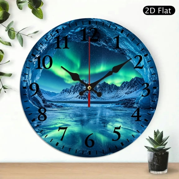 Patifu Ice Cave Aurora Mountains Round Wooden Wall Clock Silent Battery Operated 10x10in